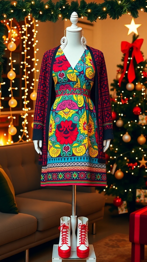 A colorful 90s inspired Christmas party dress with accessories on a mannequin, surrounded by festive decorations.